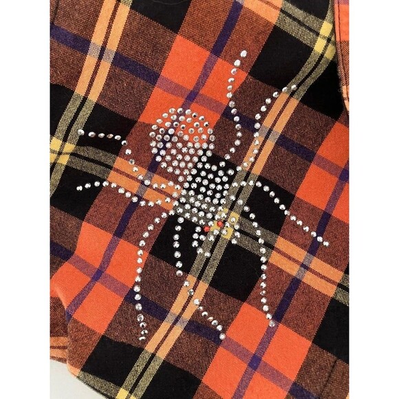 Krazy Kat XL Woman's Halloween Fall Plaid Rhinestone Spider Long Sleeve Shirt - Picture 6 of 10